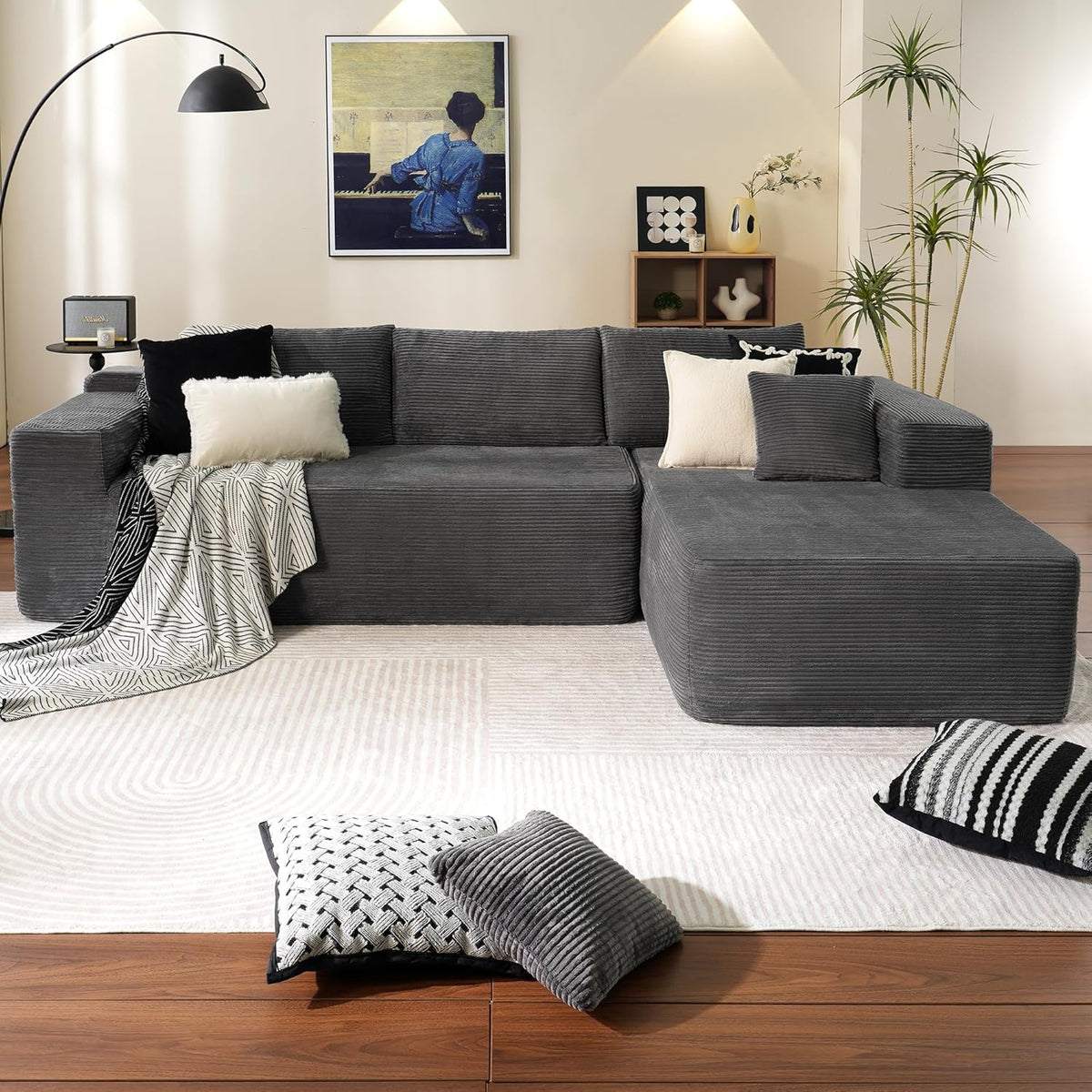 ovios 104in L-Shape Sectional Sofa With Chaise, Grey Plush Corduroy Fabric