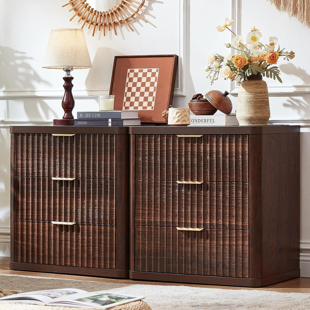 LEYAOYAO Fluted Farmhouse Nightstand Set Of 2, Walnut, 23 inch Wide, 3 Drawers With Charging Station