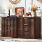 LEYAOYAO Fluted Farmhouse Nightstand Set Of 2, Walnut, 23 inch Wide, 3 Drawers With Charging Station