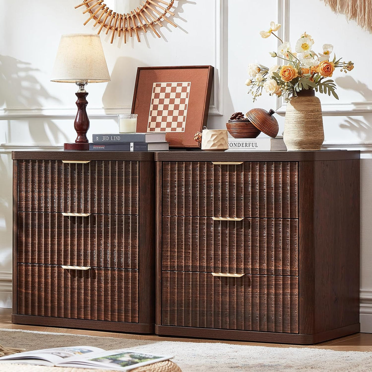 LEYAOYAO Fluted Farmhouse Nightstand Set Of 2, Walnut, 23 inch Wide, 3 Drawers With Charging Station