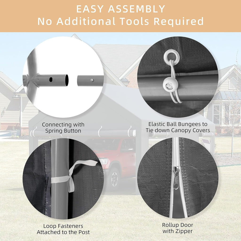 JY QAQA Heavy Duty Carport 12x20 FT With Removable Side Walls And Doors, Grey