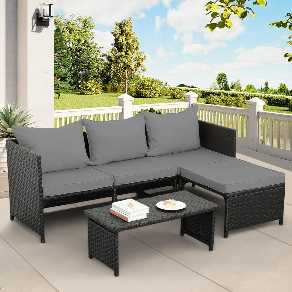 Valita 3-Piece Outdoor PE Rattan Patio Conversation Set With Cushions - 47 x 23 x 26 in Sofas, 34 x 16 x 14 in Table