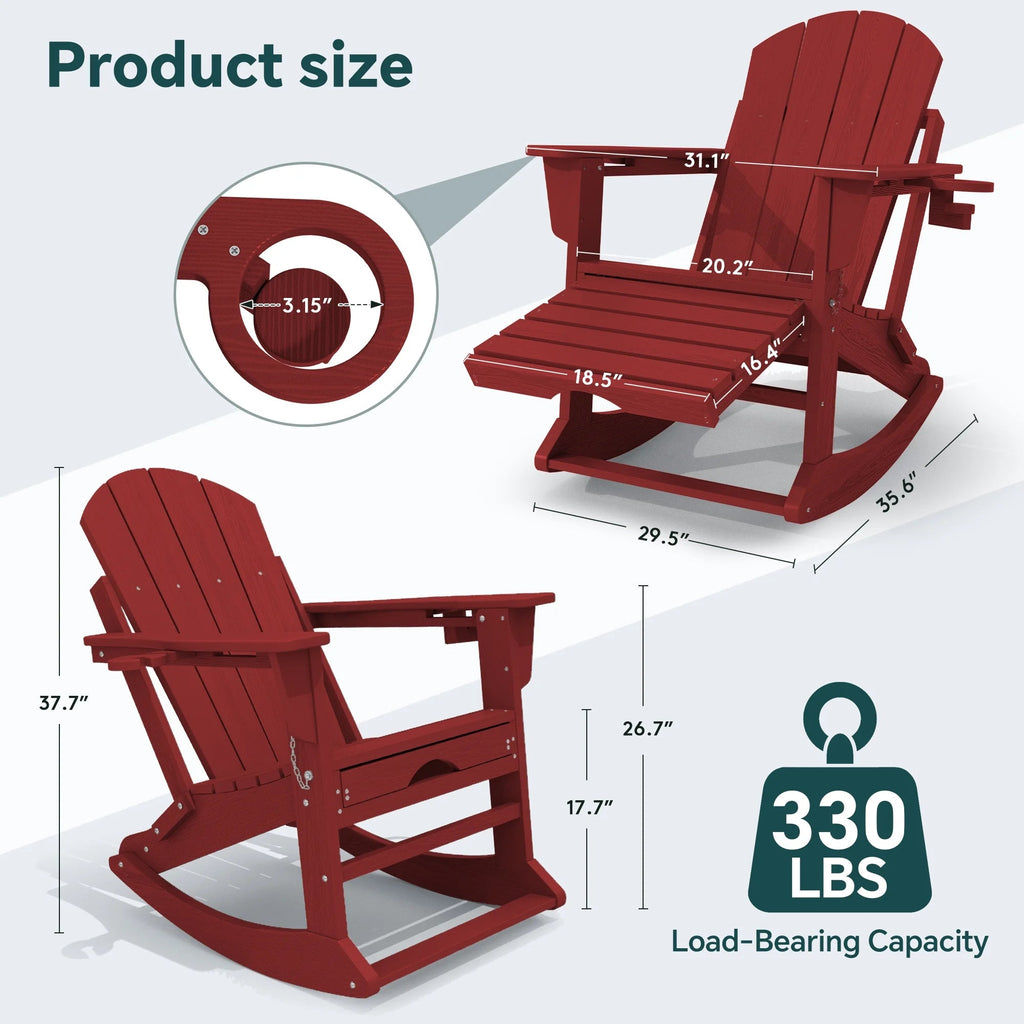 KINGYES Folding Adirondack Rocker Chair Set Of 2 With Footrest And Dual Cup Holders - Black