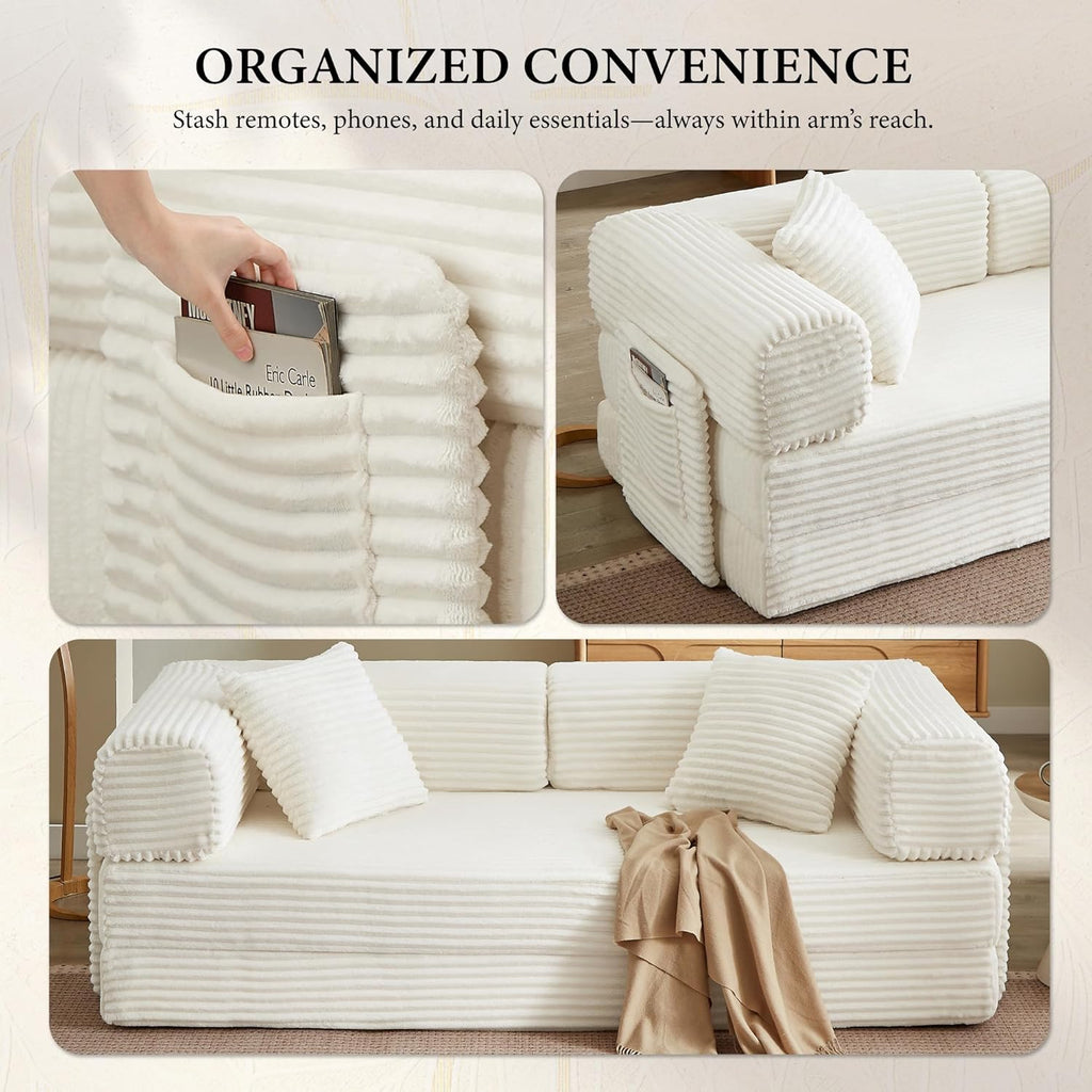 Boneless Folding Futon Sofa Bed, Fixed-Shape Corduroy Upholstered, White, 81 Inches