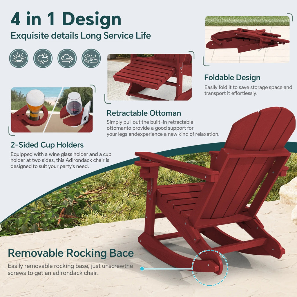 KINGYES Folding Adirondack Rocker Chair Set Of 2 With Footrest And Dual Cup Holders - Black