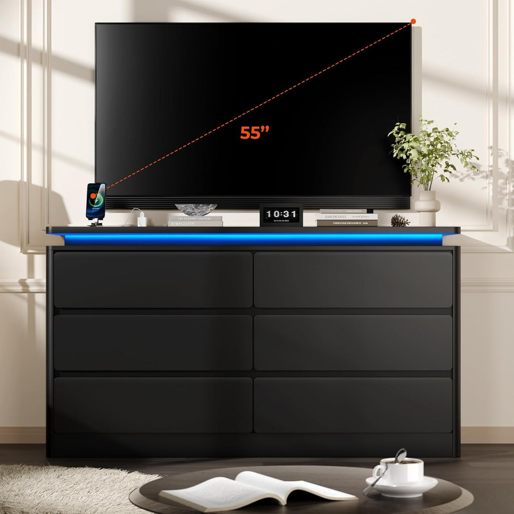 6-Drawer Black Wooden Dresser With Charging Station And LED Lights - 47.2 in