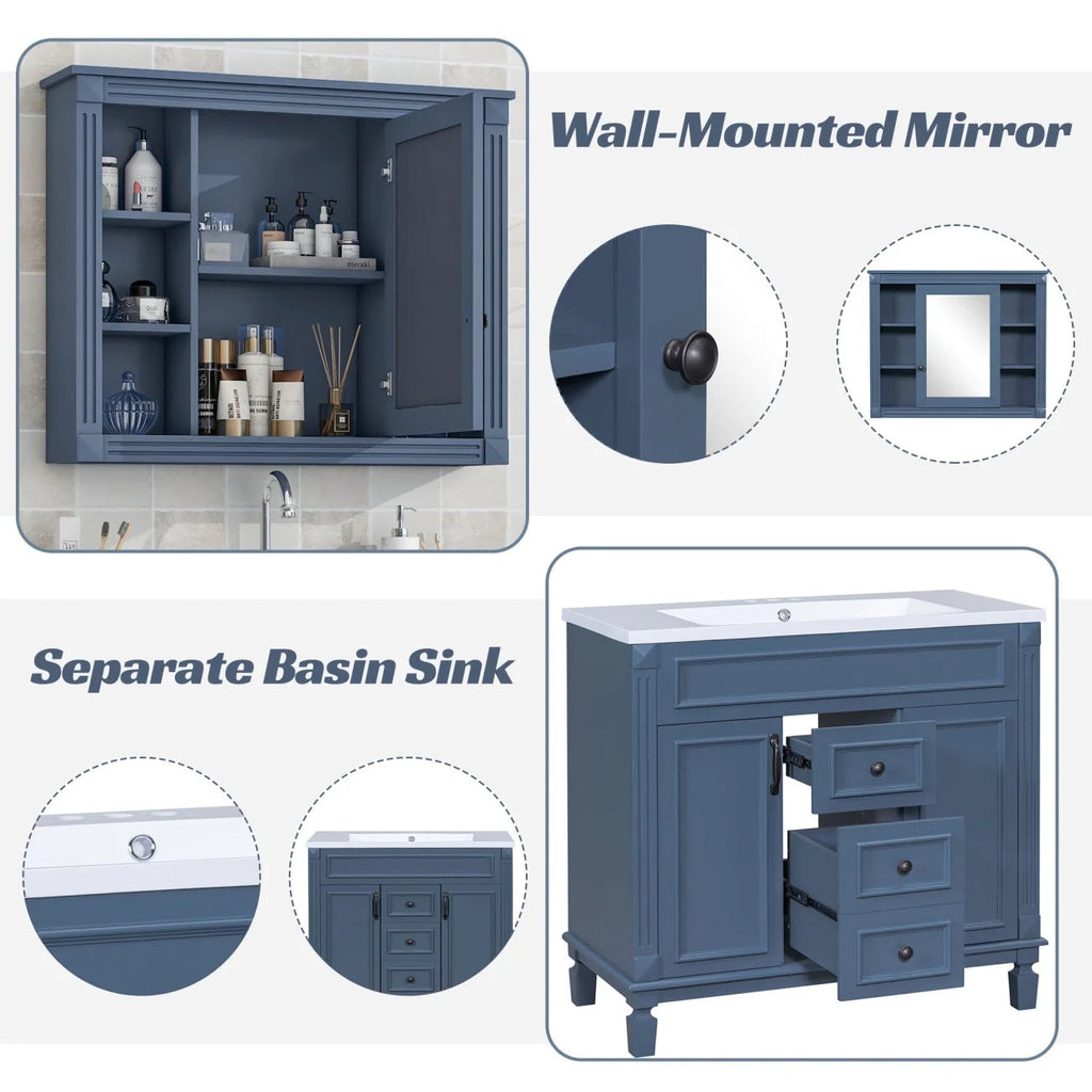 36'' Bathroom Vanity Set With Ceramic Sink Top, Mirror Cabinet, 2 Doors And 2 Drawers - Gray