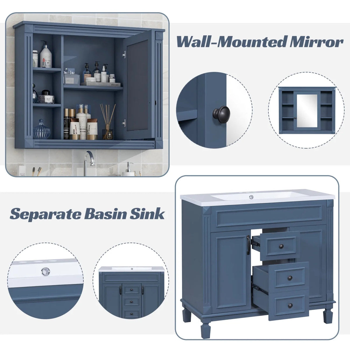 36'' Bathroom Vanity Set With Ceramic Sink Top, Mirror Cabinet, 2 Doors And 2 Drawers - Gray