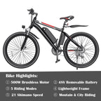 Electric Bicycle for Adults 500W 26-Inch with Cruise Control
