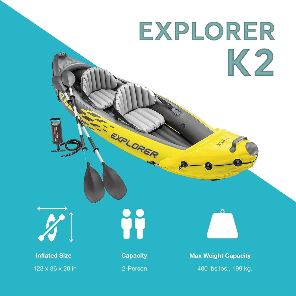 Explorer K2 Inflatable Kayak Set, 2-Person, Yellow, 400 lb Capacity - Explorer K2