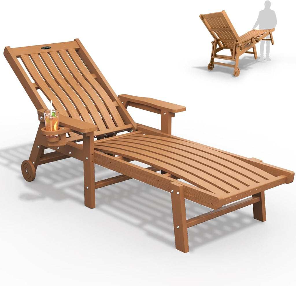 Patio Chaise Lounge Chair With 5 Positions, HDPE, Wheels And Cup Holder