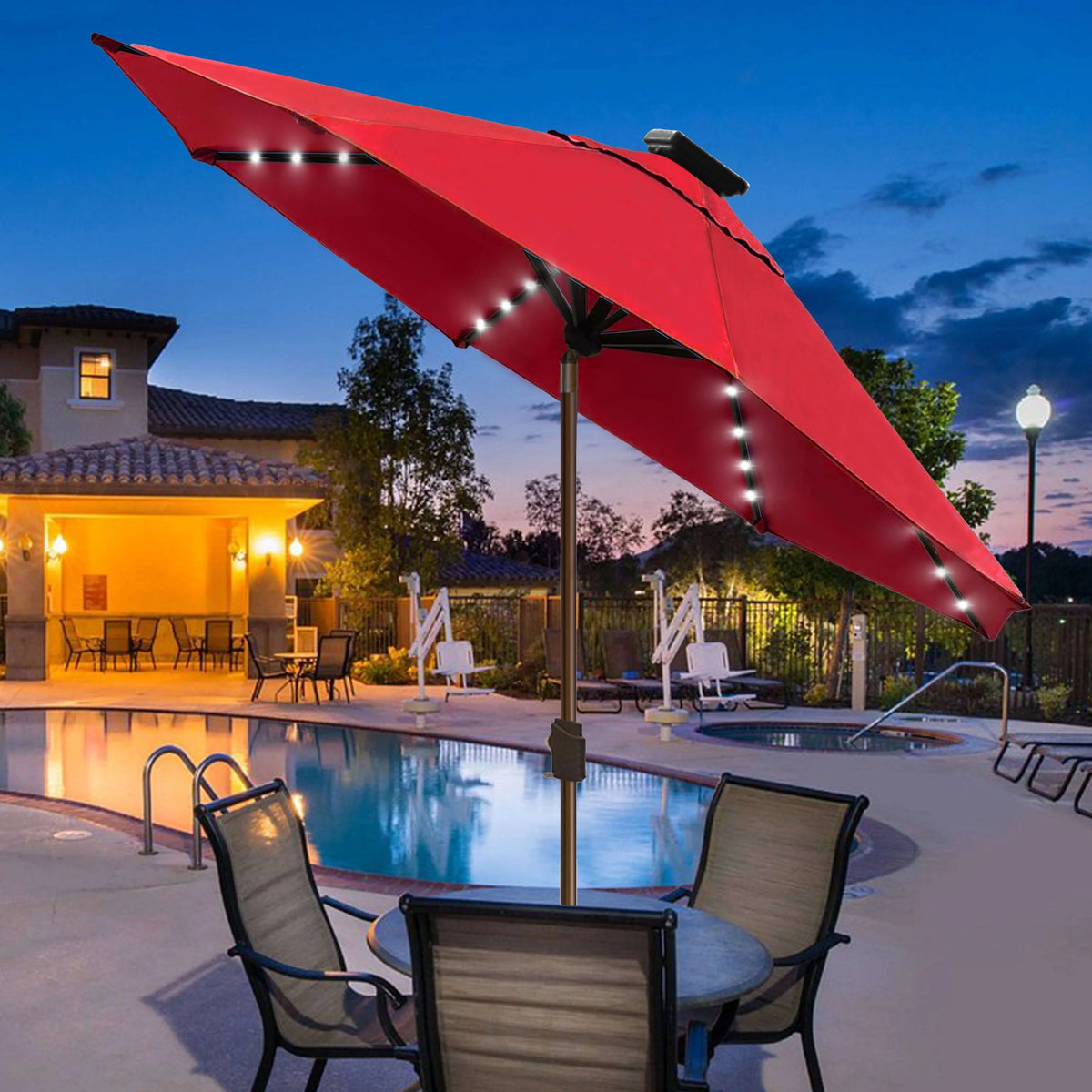 EliteShade 9ft Market Patio Umbrella With 80 LED Lights, Ruby