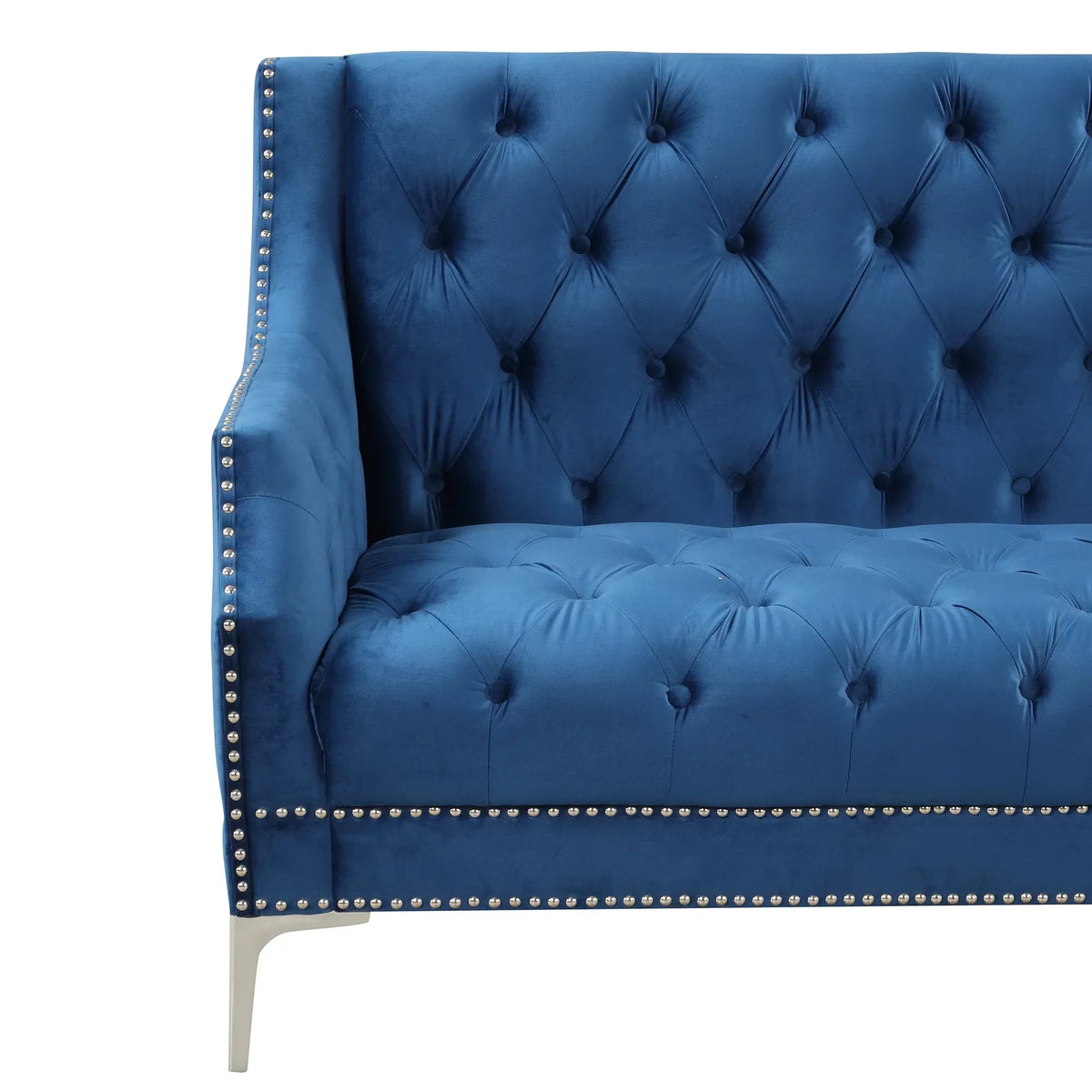 78 inch Dutch Plush Upholstered Chesterfield Sofa With Metal Legs, Button Tufted Back, Blue