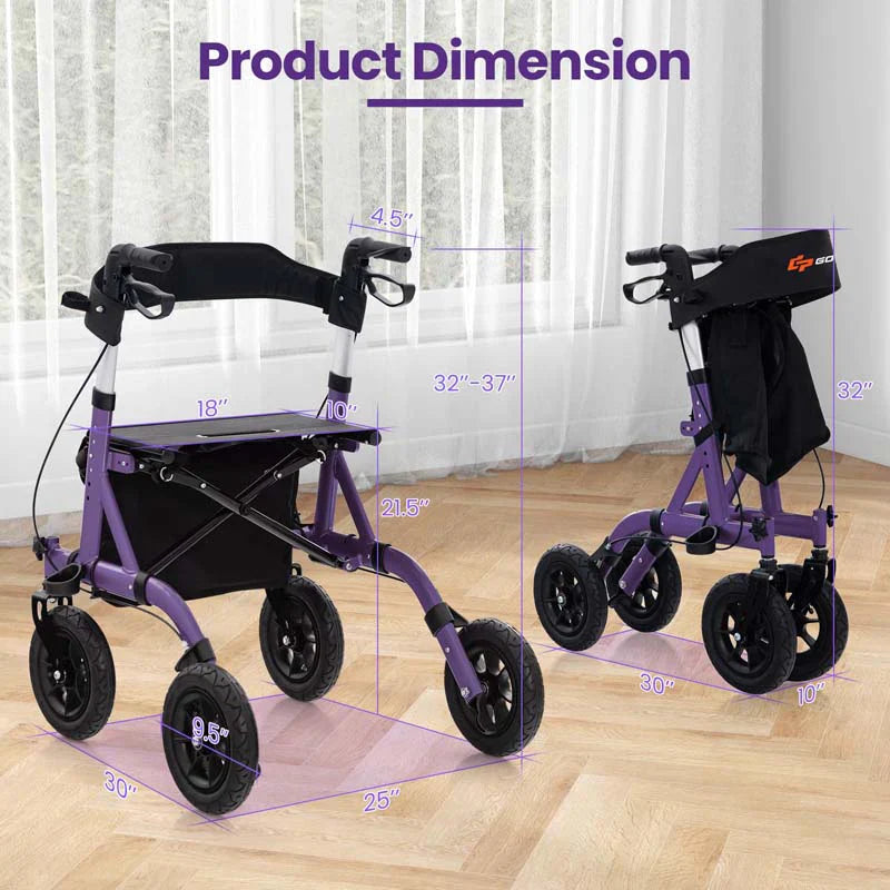 Foldable Rolling Rollator Walker With Seat, 9.5 Inch Pneumatic Wheels