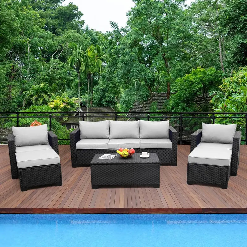 Rattaner 6-Piece Outdoor Patio Conversation Set With Cushions, Covers And Coffee Table - Peacock Blue
