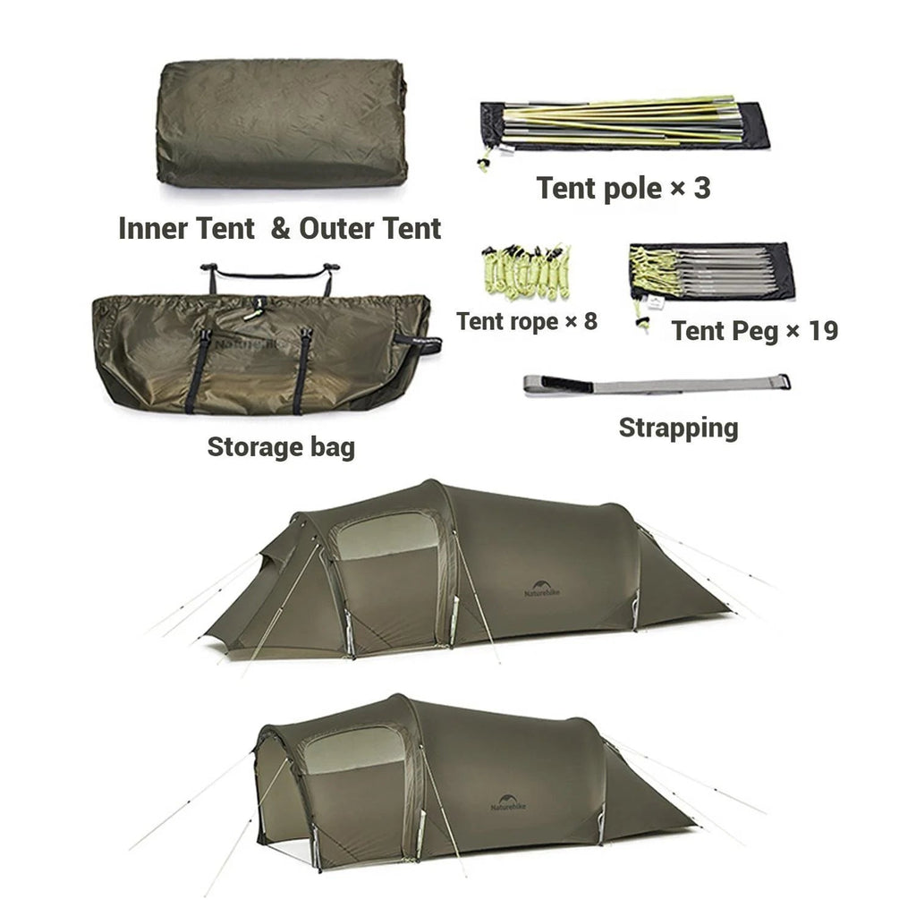 Naturehike Baluosi UL Ultralight Tunnel Hiking Tent, 15D, 2/3 Person, Olive Green - CNK2450WS036