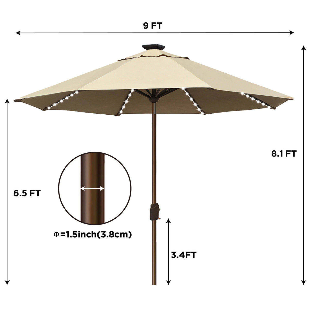 EliteShade 9ft Market Patio Umbrella With 80 LED Lights, Ruby