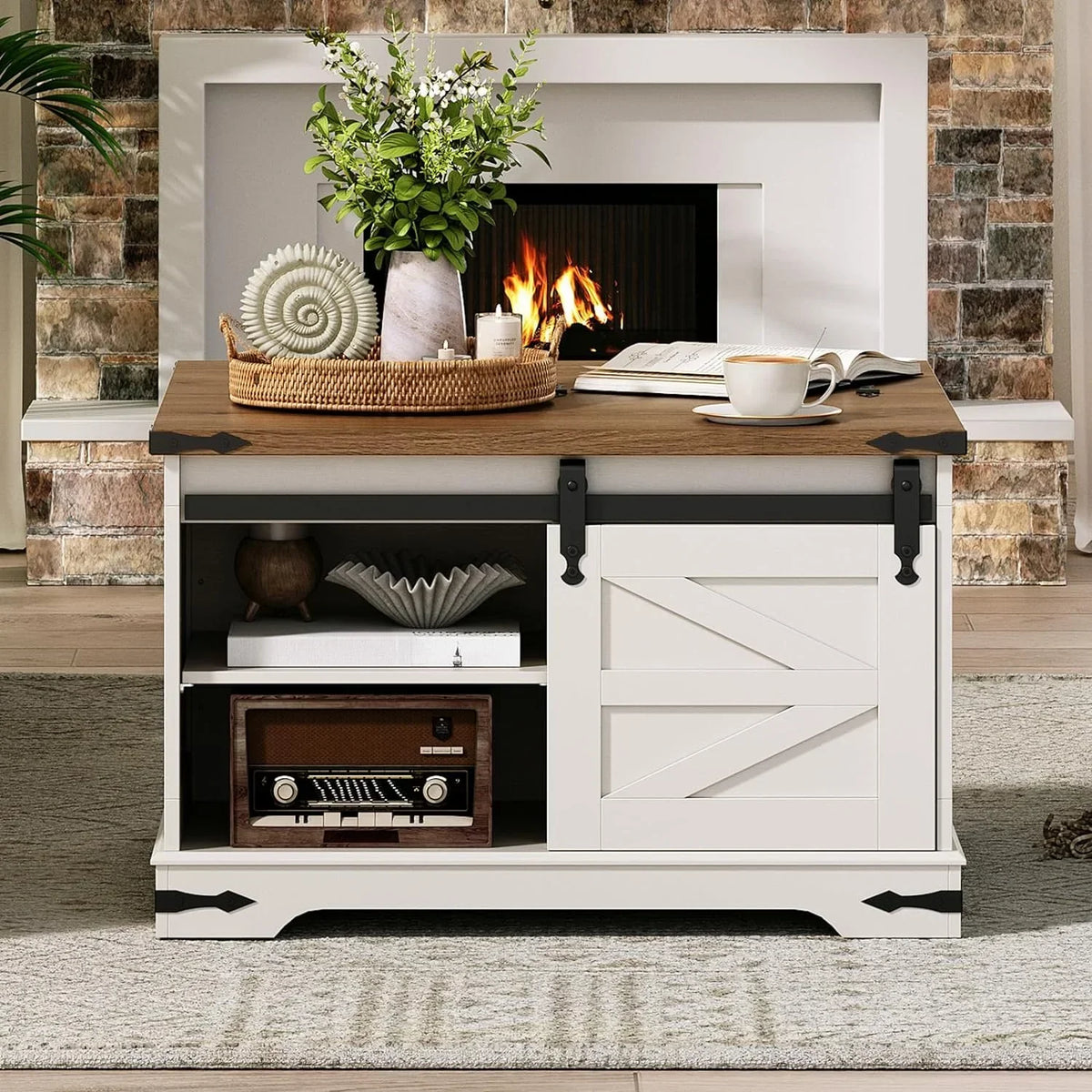 HOOBRO Farmhouse Lift-Top Coffee Table With Sliding Barn Door, White And Walnut, 31.3in L x 31.5in W x 19.7in H - WH80KF01
