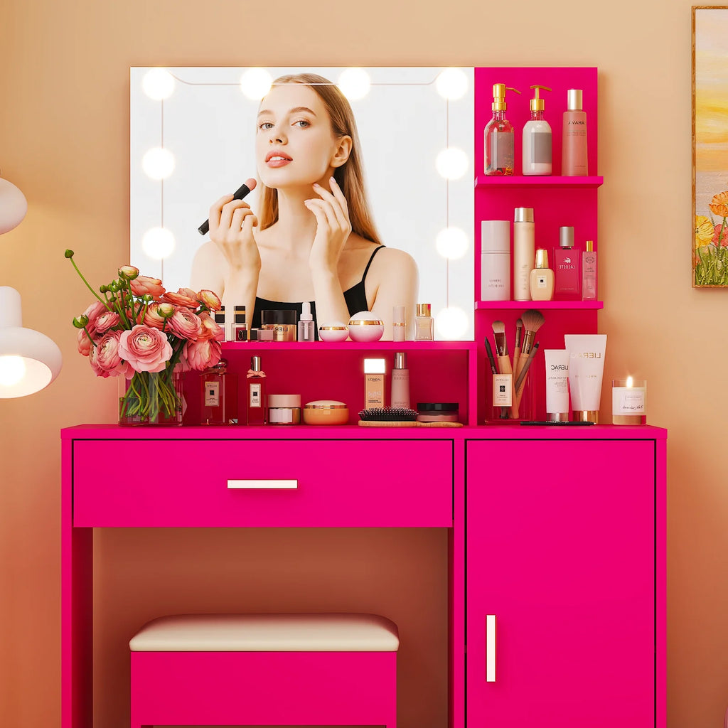 Ktaxon Vanity Makeup Table With Stool, 3-Color Lighted Mirror, 3 Shelves, Drawers, White - 35.43 x 15.55 x 29.53-53.27 in