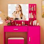 Ktaxon Vanity Makeup Table With Stool, 3-Color Lighted Mirror, 3 Shelves, Drawers, White - 35.43 x 15.55 x 29.53-53.27 in