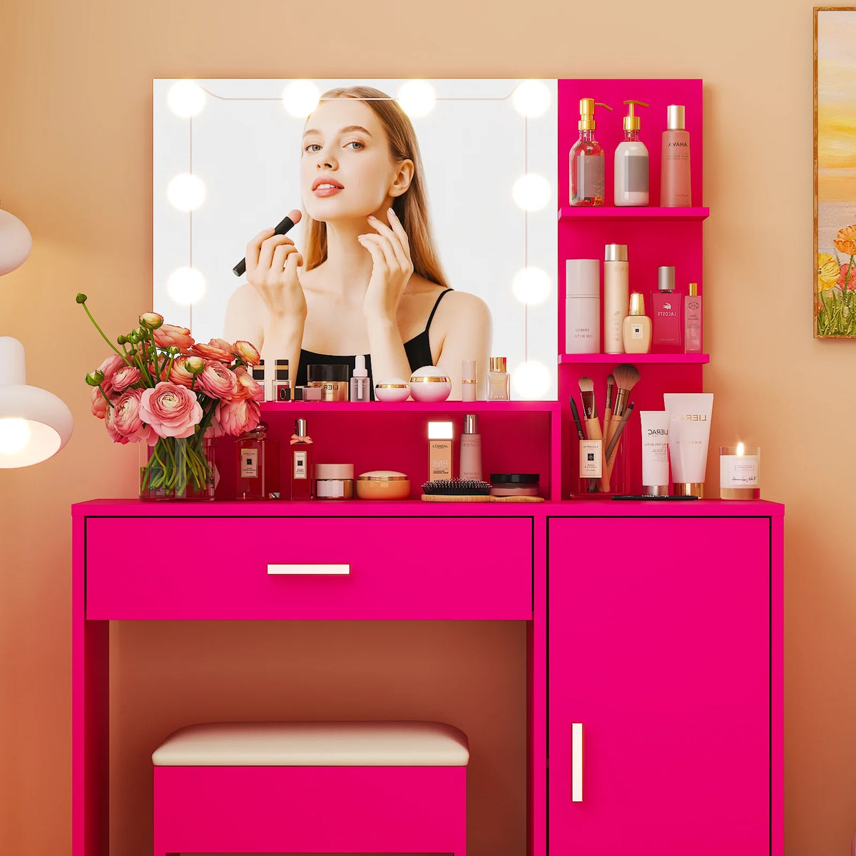 Ktaxon Vanity Makeup Table With Stool, 3-Color Lighted Mirror, 3 Shelves, Drawers, White - 35.43 x 15.55 x 29.53-53.27 in