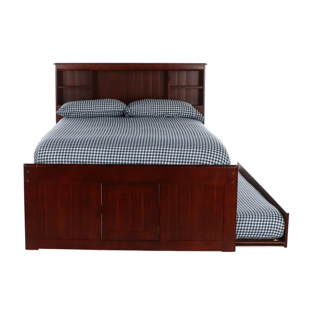 OS Home and Office Solid Pine Full Captains Bookcase Bed With 3 Drawers and Twin Trundle - Merlot
