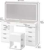 YITAHOME Vanity Set With LED Mirror, 10 Drawers, Stool, Pure White, 15.7 x 46 x 55.9 in