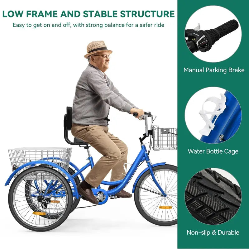 26-Inch Adult Tricycle - 7-Speed Heavy-Duty 3-Wheeled Bicycle