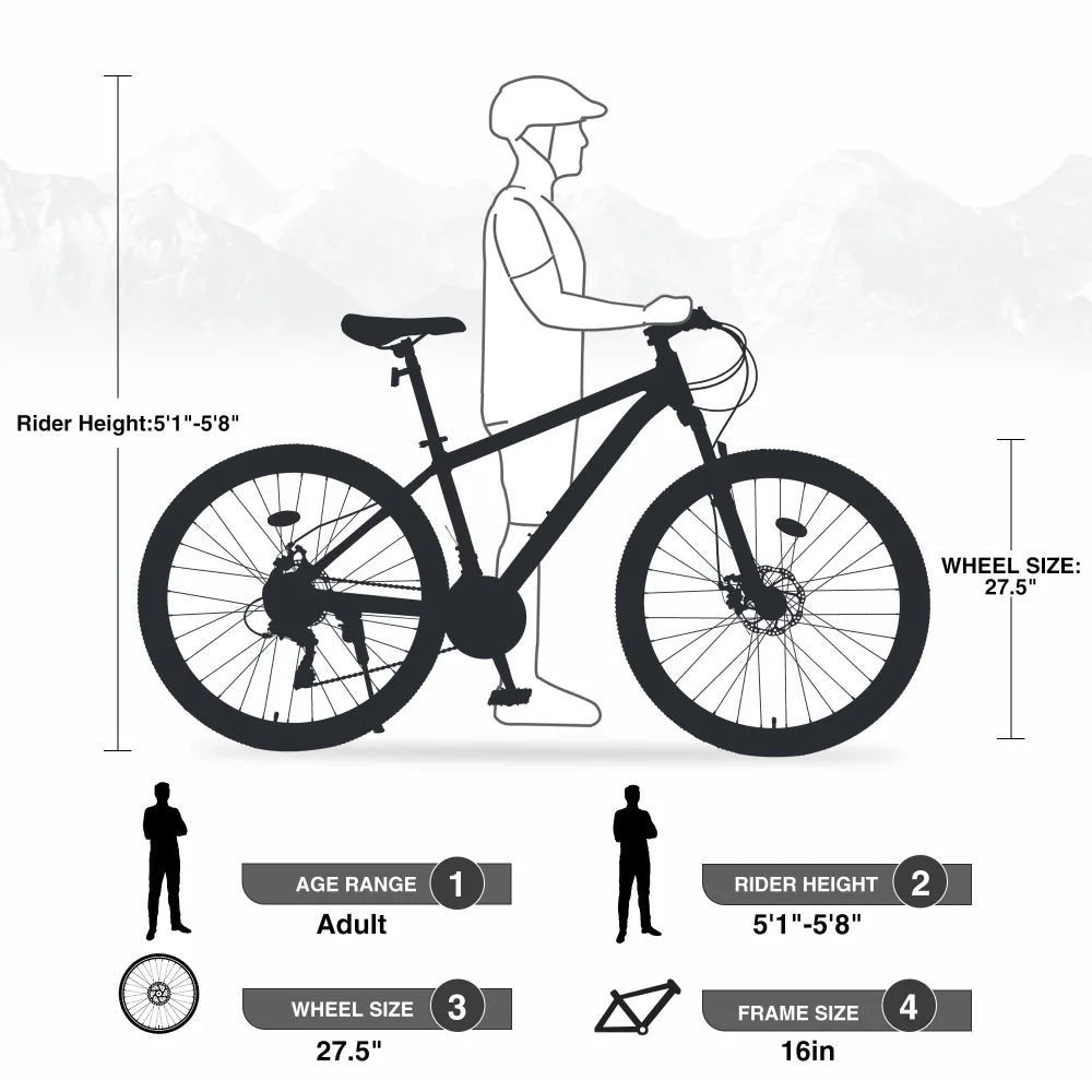 Men's 27.5 in Mountain Bike - 21-Speed Aluminum Alloy Frame, Front Suspension, Double Disc Brakes
