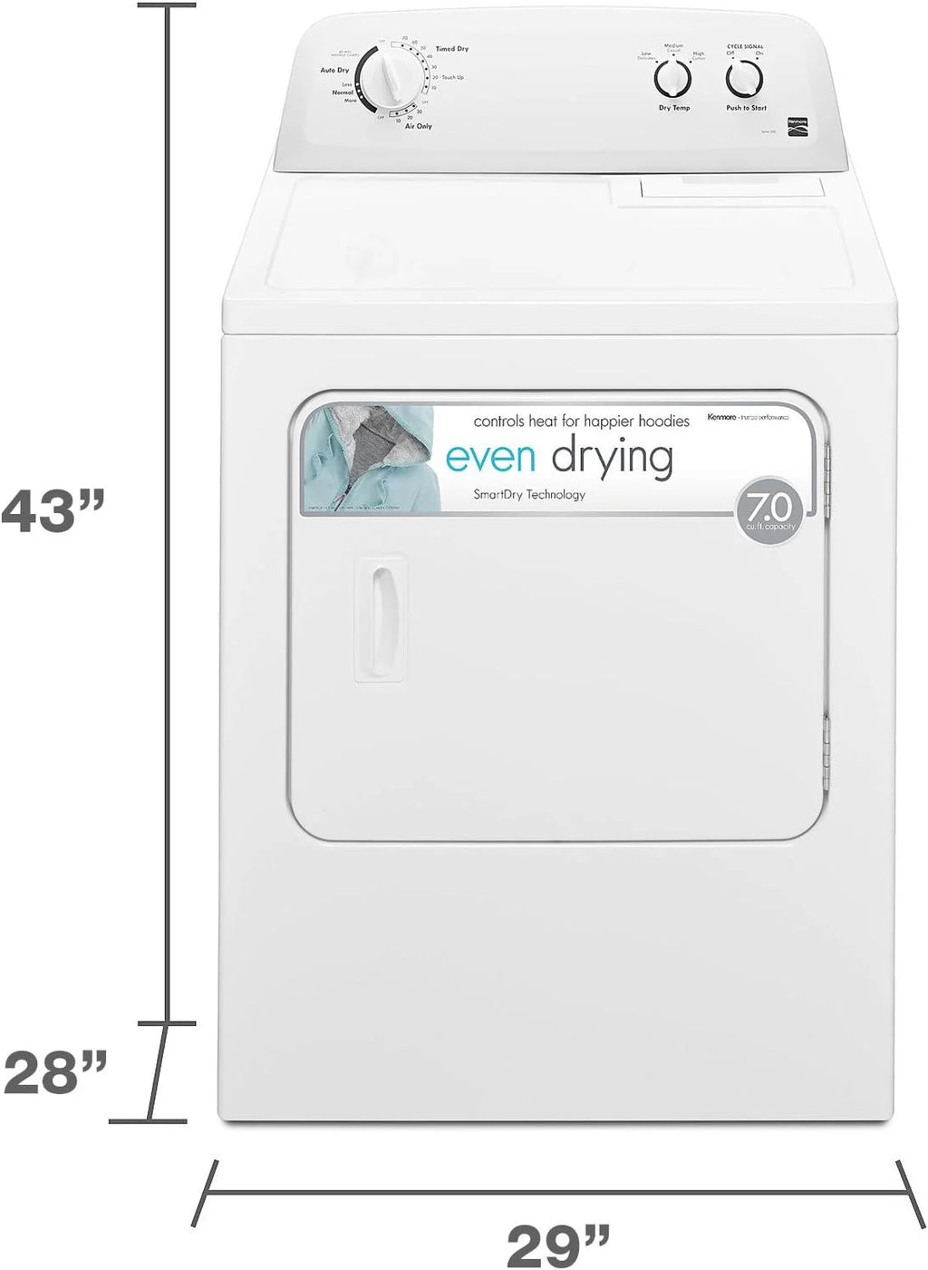 Kenmore Front Load Electric Dryer With Wrinkle Guard, 29in, 7.0 Cu. Ft., White - 62332