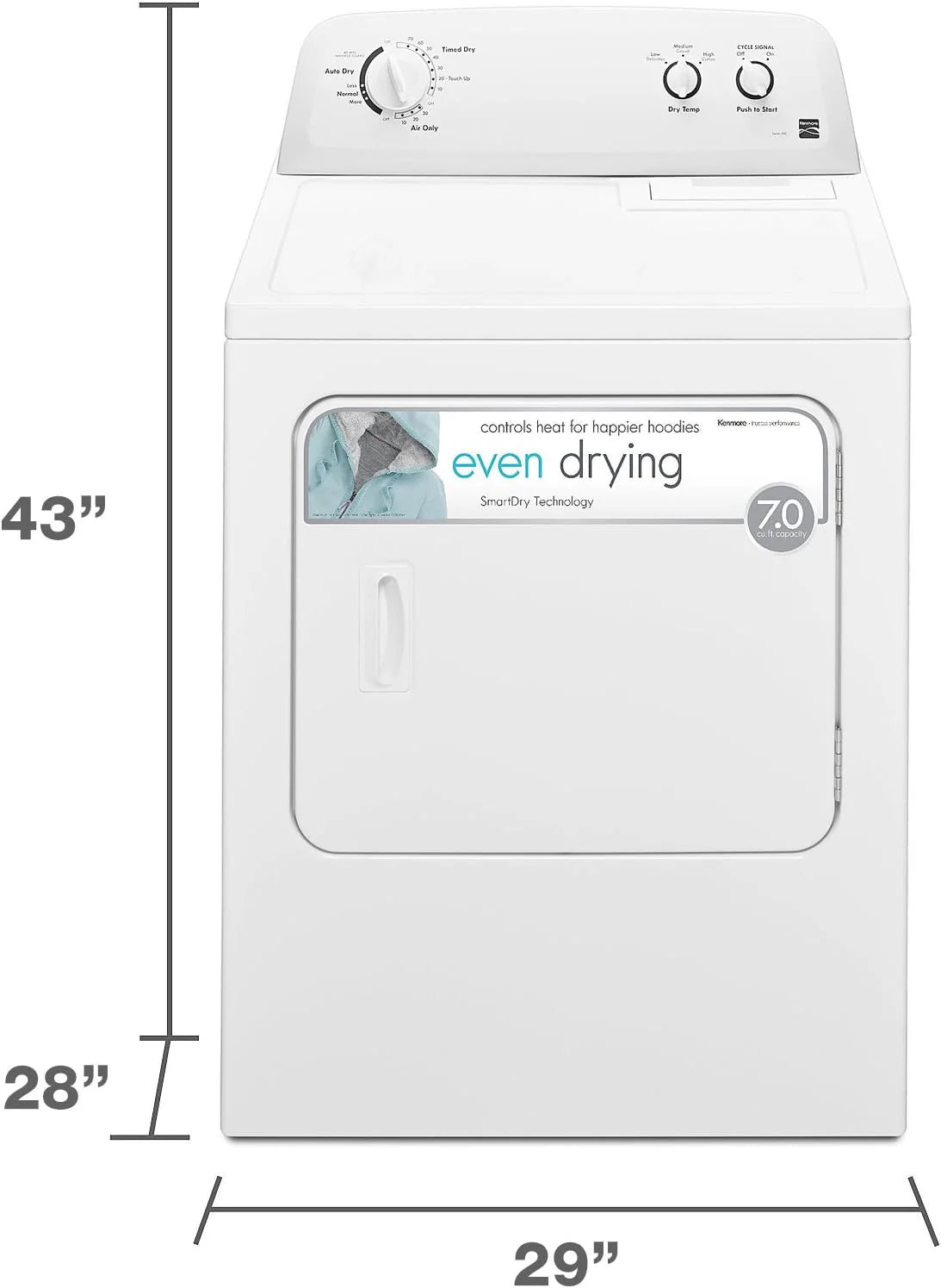 Kenmore Front Load Electric Dryer With Wrinkle Guard, 29in, 7.0 Cu. Ft., White - 62332