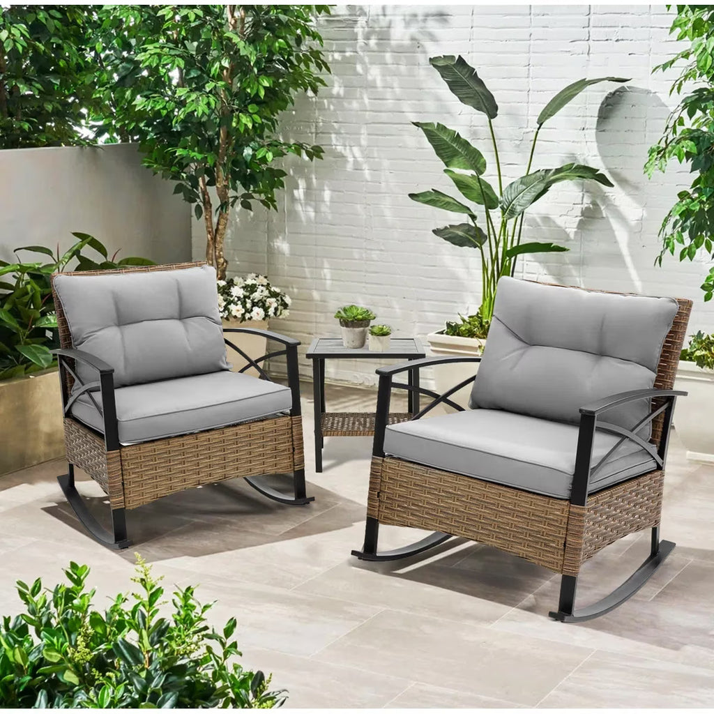 Seizeen 3-Piece Patio Conversation Set With Rocking Chairs And 2-Tier Coffee Table