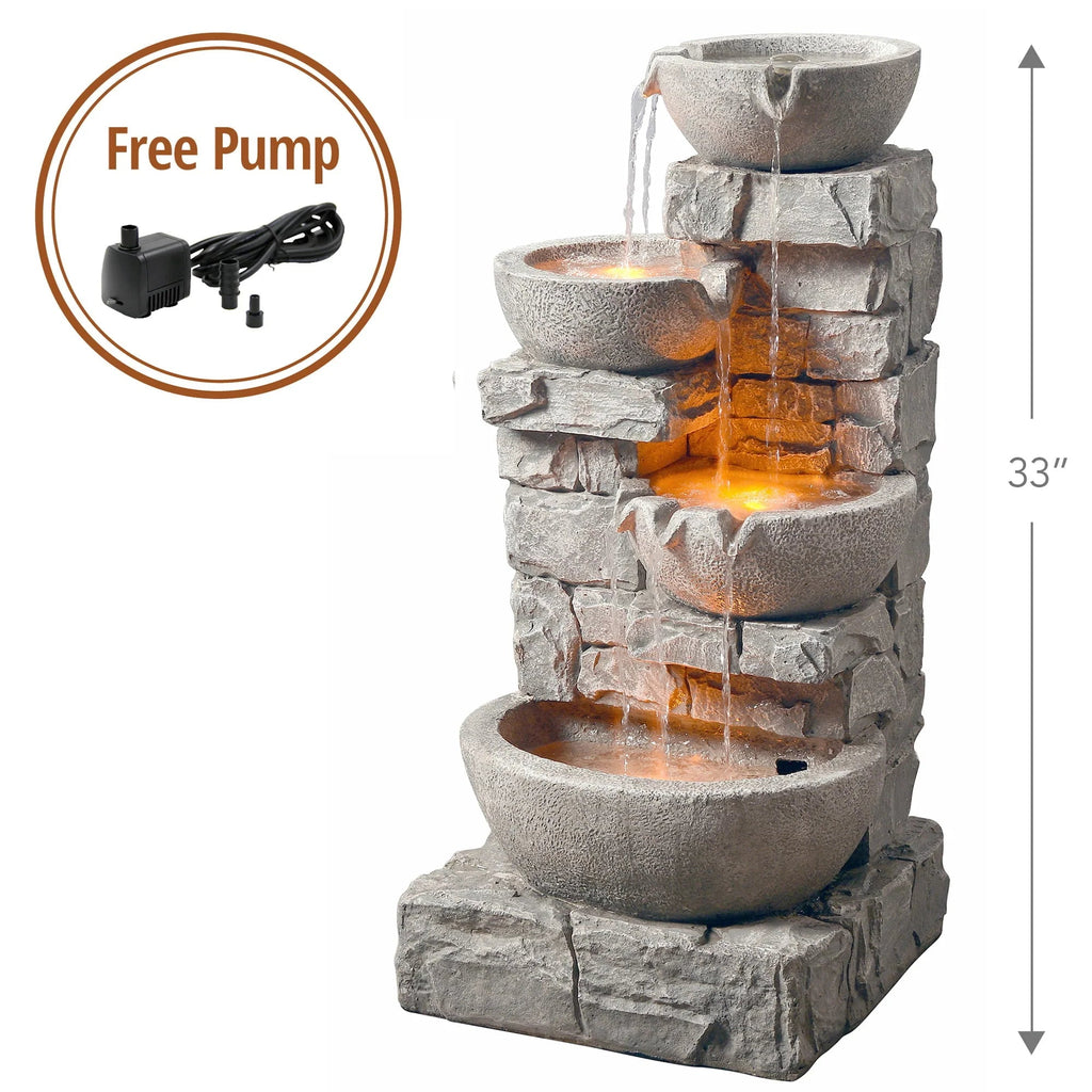 Teamson Home Outdoor Stacked Stone Tiered Water Fountain With LED Lights, Gray - 33.25in
