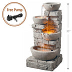 Teamson Home Outdoor Stacked Stone Tiered Water Fountain With LED Lights, Gray - 33.25in