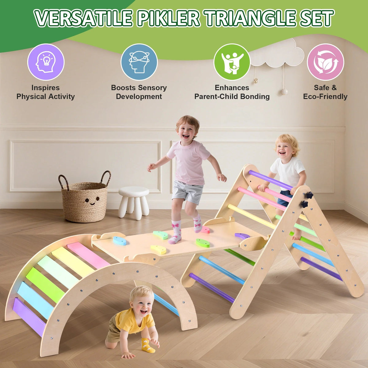 Lookfly 8-in-1 Foldable Pikler Triangle Climbing Set With Ramp - Natural-Color Or Multicolor
