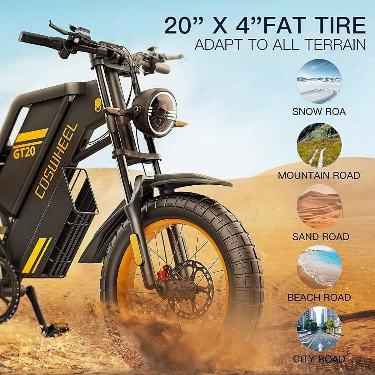 COSWHEEL GT20 Electric Dirt Bike, 1500W Motor, 48V/25Ah Removable Battery, 20in x 4.0in Fat Tires - GT20
