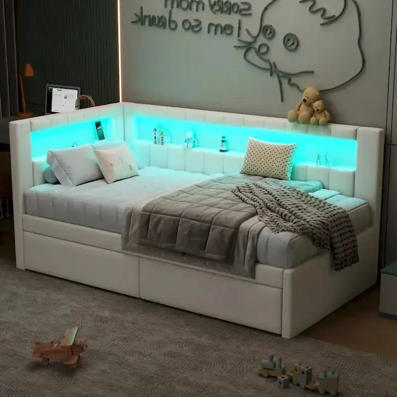 Upholstered Platform Bed Frame With USB Charging, LED Accent Lights And 2 Storage Drawers - Full/Twin