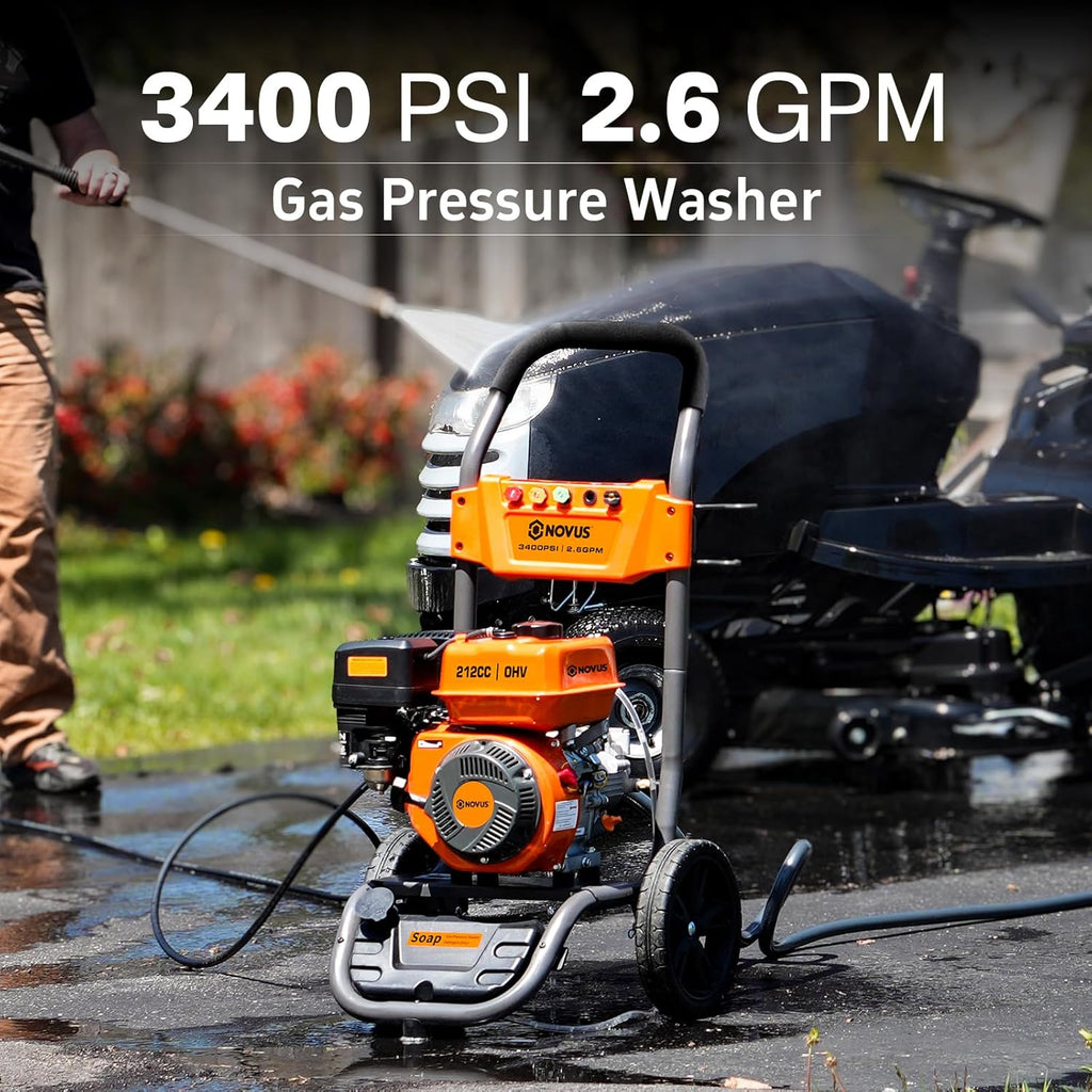NOVUS Gas Pressure Washer 3400 PSI 2.6 GPM 212cc Engine 30ft Hose 5 Nozzles