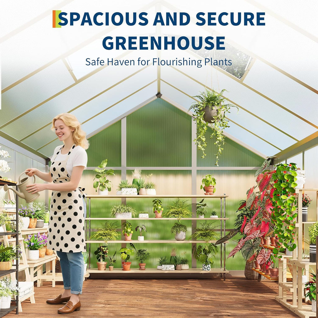 Garvee 6 x 10 ft Green Polycarbonate Greenhouse With Aluminum Frame, Lockable Door And Adjustable Roof Vent