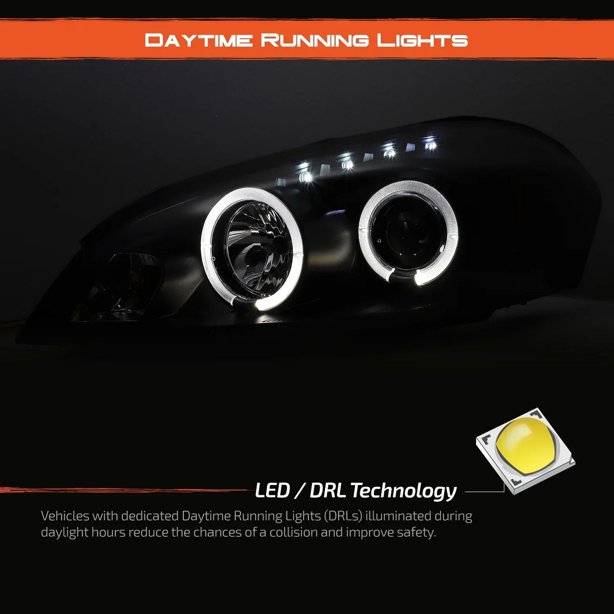AKKON Dual Halo DRL Projector LED Headlight And LED Tail Lamp Set, Black Housing - 2006-2013 Chevy Impala, 2014-2016 Limited