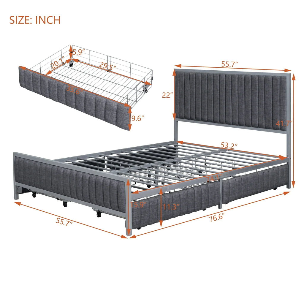 Roomfitters Full Size Upholstered Metal Platform Bed With 4 Drawers, Linen Fabric, Gray - 76.6in L x 55.7in W x 41.7in H
