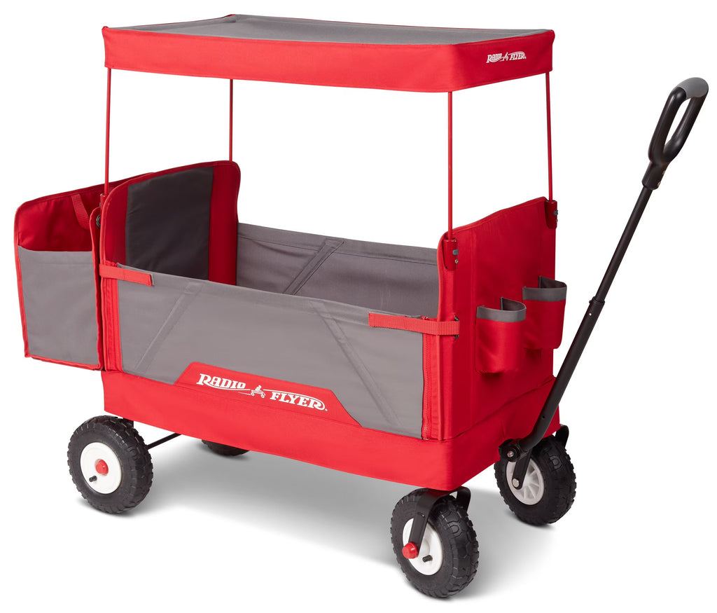 Radio Flyer 3-in-1 All-Terrain EZ Fold Wagon With Canopy, Red And Gray, Air Tires