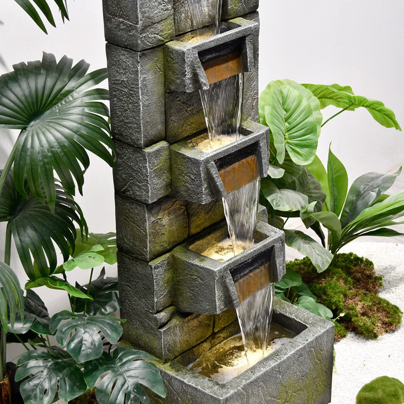 5-Tier Modern Cascading Indoor/Outdoor Fountain With LED Lights - Resin and Fiberglass