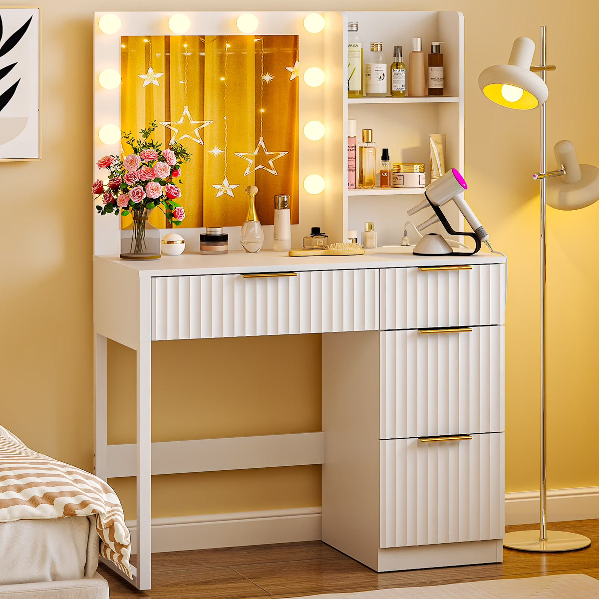 Ktaxon Vanity Makeup Table With Stool, 3-Color Lighted Mirror, 3 Shelves, Drawers, White - 35.43 x 15.55 x 29.53-53.27 in