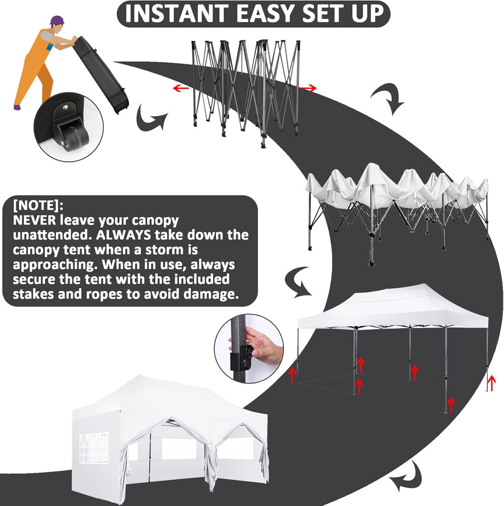 COBIZI Pop-Up Canopy 10 x 20 ft, White, 6 Sidewalls