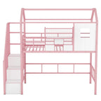 Pink Twin Metal Loft Bed With Roof Design And Storage Box