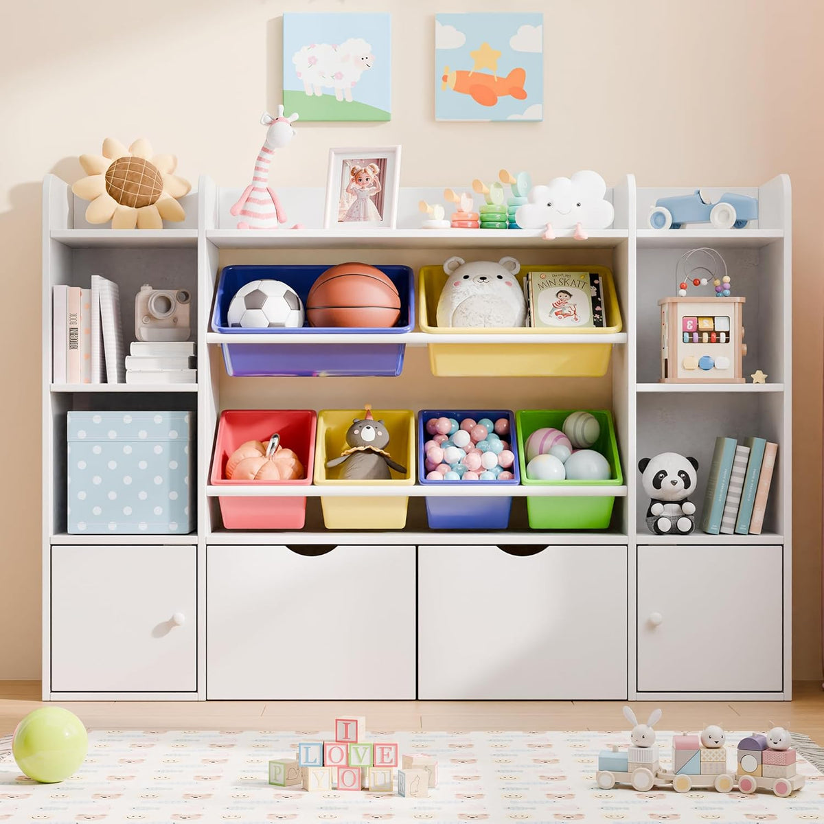 Xilingol Kids Toy Storage Organizer With 6 Removable Bins, 4-Tier Cubbies And 2 Movable Drawers