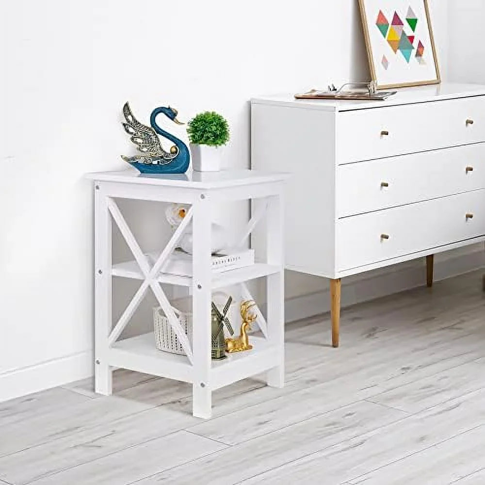 ASDRFYU 3-Tier Wooden End Table With Shelves, X-Design, White