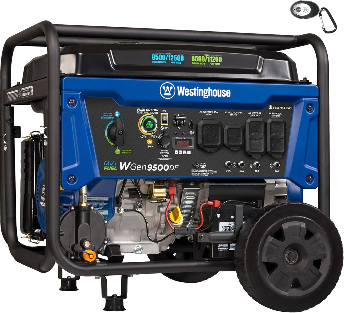 Westinghouse Dual Fuel Portable Generator, 12500 Watt, Gas And Propane, Remote Electric Start, Transfer Switch Ready