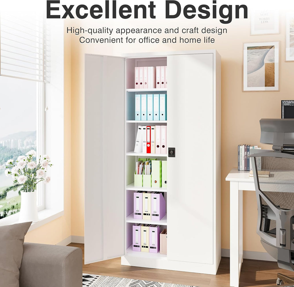 SISESOL White Steel Storage Cabinet With Locking Doors, 71 Inch Tall, 5 Adjustable Shelves
